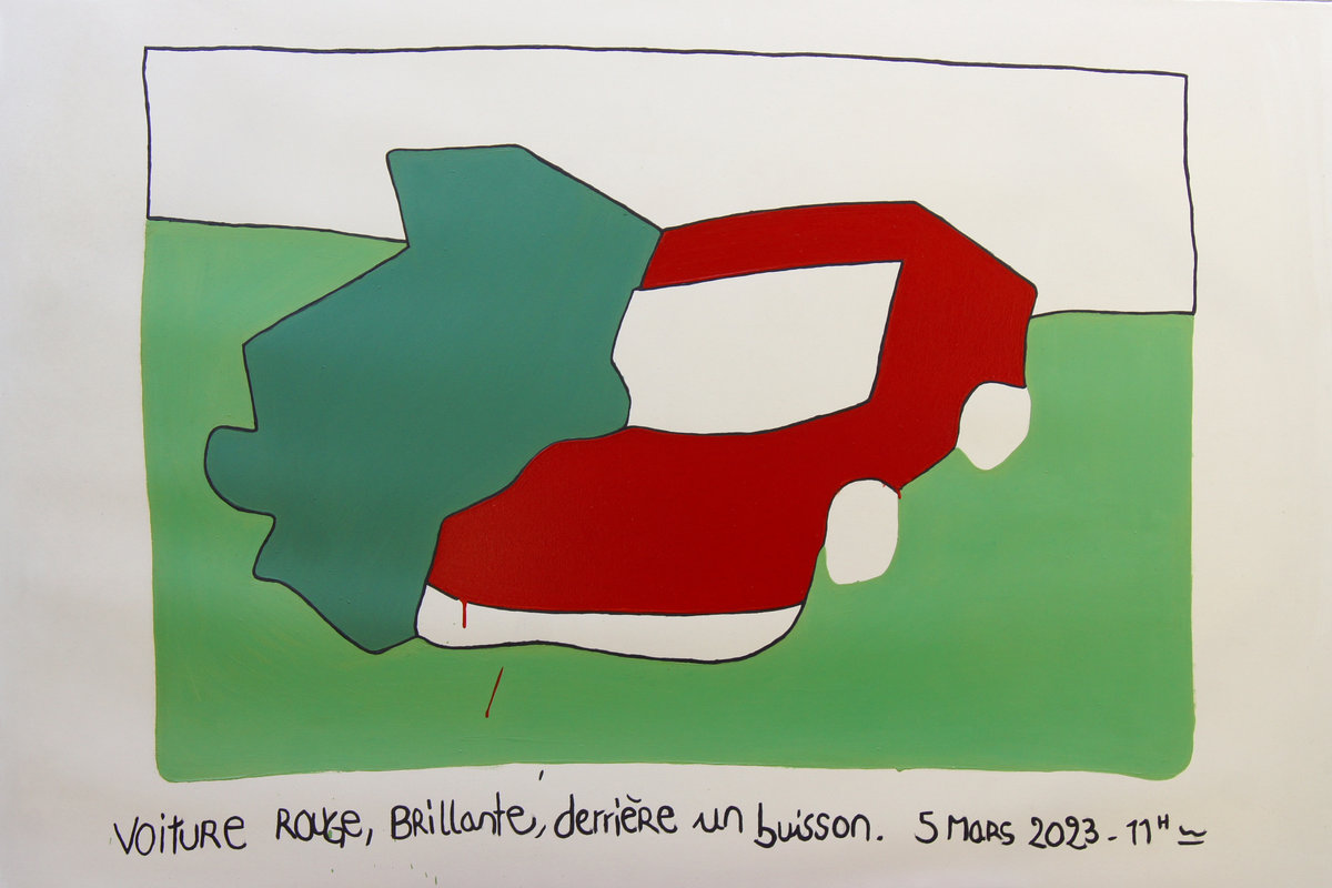 Voiture rouge brillante derrière un buisson, 5 mars 2023, 11h environs, acrylique sur toile, 126cm x 190cm, 2023